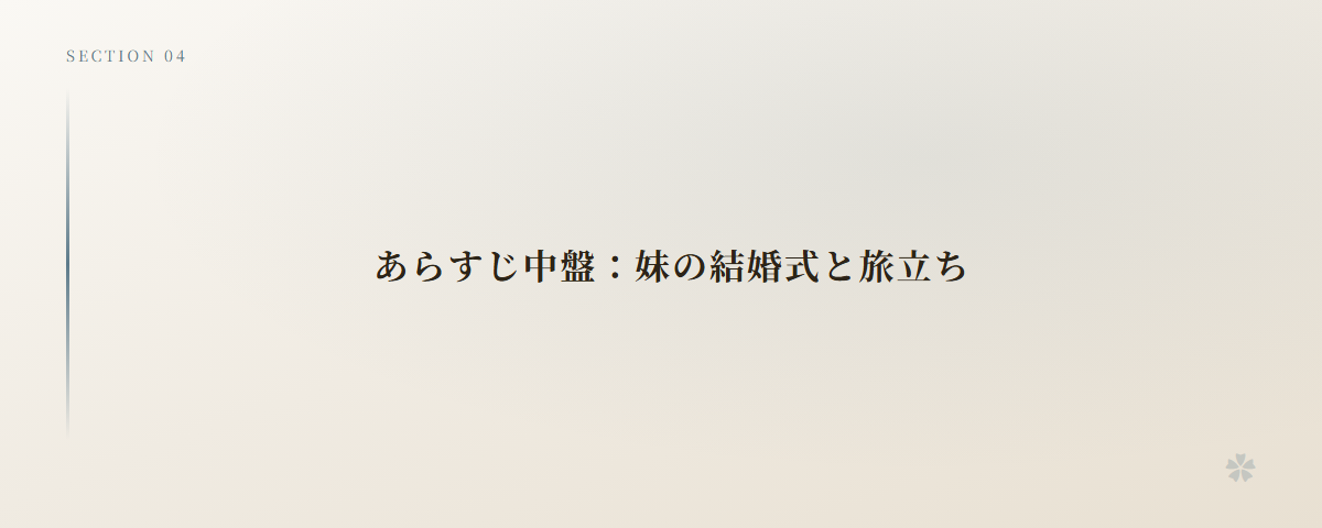あらすじ中盤：妹の結婚式と旅立ち