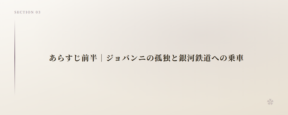 あらすじ前半|ジョバンニの孤独と銀河鉄道への乗車