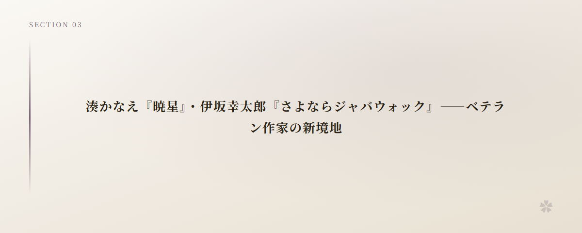 湊かなえ『暁星』・伊坂幸太郎『さよならジャバウォック』――ベテラン作家の新境地